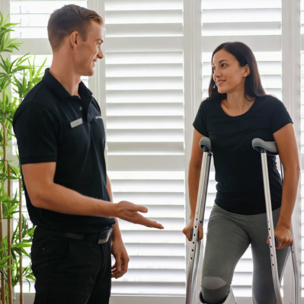 Physiotherapist at Specific Physiotherapy Preston discussing rehabilitation goals with a smiling female patient using crutches and a knee brace following lower limb surgery.
