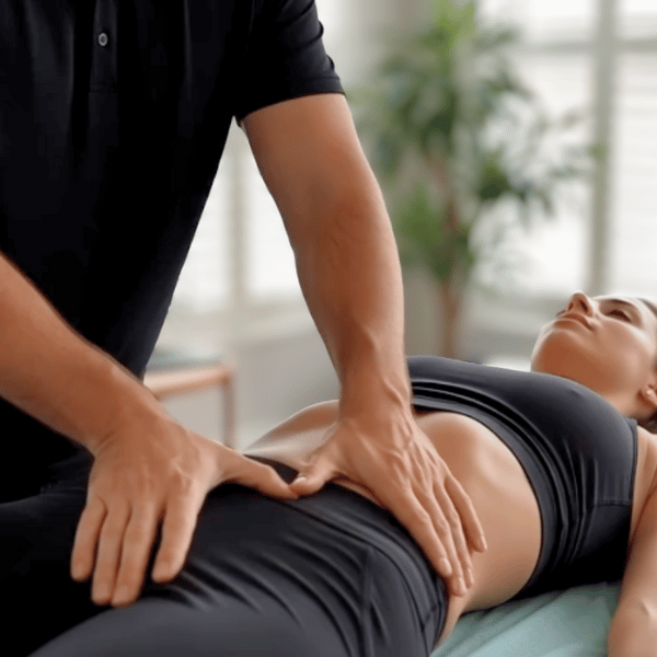 Physiotherapist performing targeted psoas muscle release and manual therapy on a female patient to relieve lower back and hip pain at Specific Physiotherapy Preston.