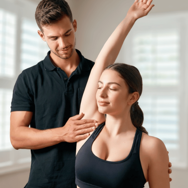 Physiotherapist guiding a female patient through an active-assisted shoulder elevation stretch to restore full range of motion and reduce pain at Specific Physiotherapy Preston.