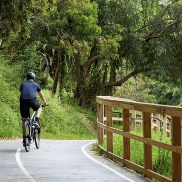 Man wearing a helmet cycling confidently along the scenic Merri Creek Trail in Preston, Victoria, enjoying a safe return to riding after physiotherapy treatment for balance or injury recovery.