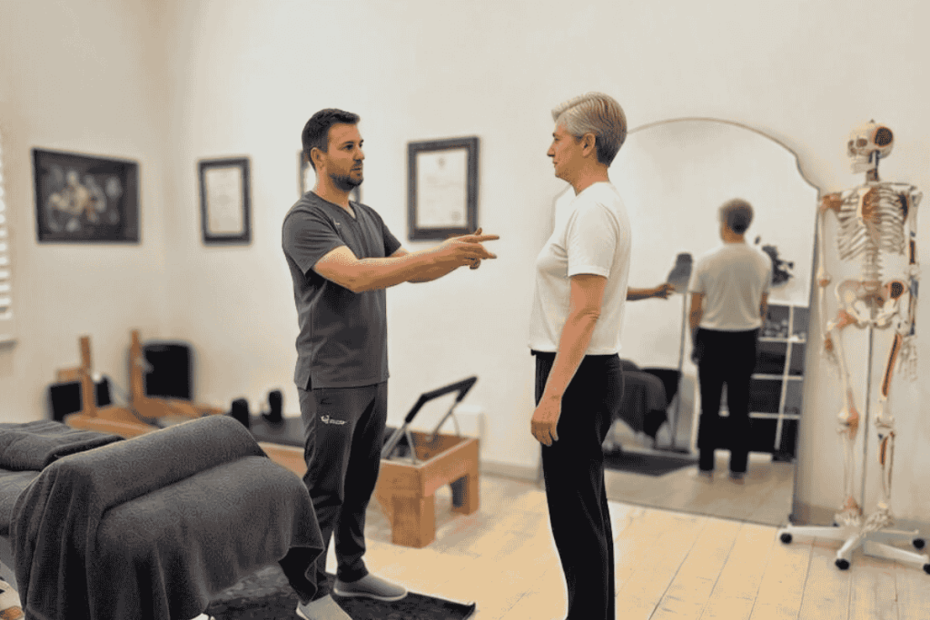 Good posture while standing on public transport to prevent neck strain for Preston tram riders