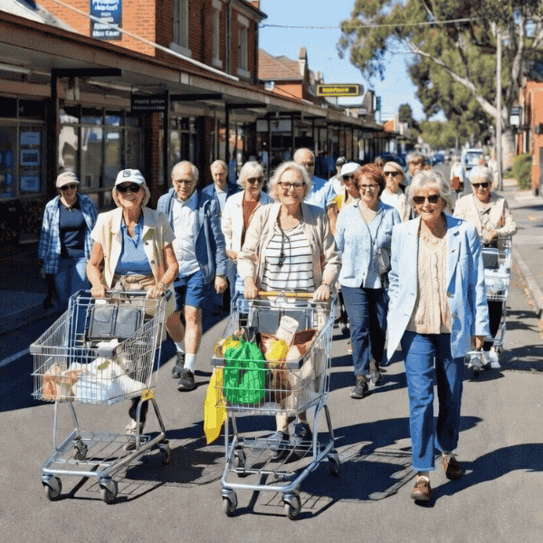Older locals walking briskly to Preston Market with loaded shopping trolleys on a sunny day in Preston, Victoria, low-impact exercise for strength and balance.