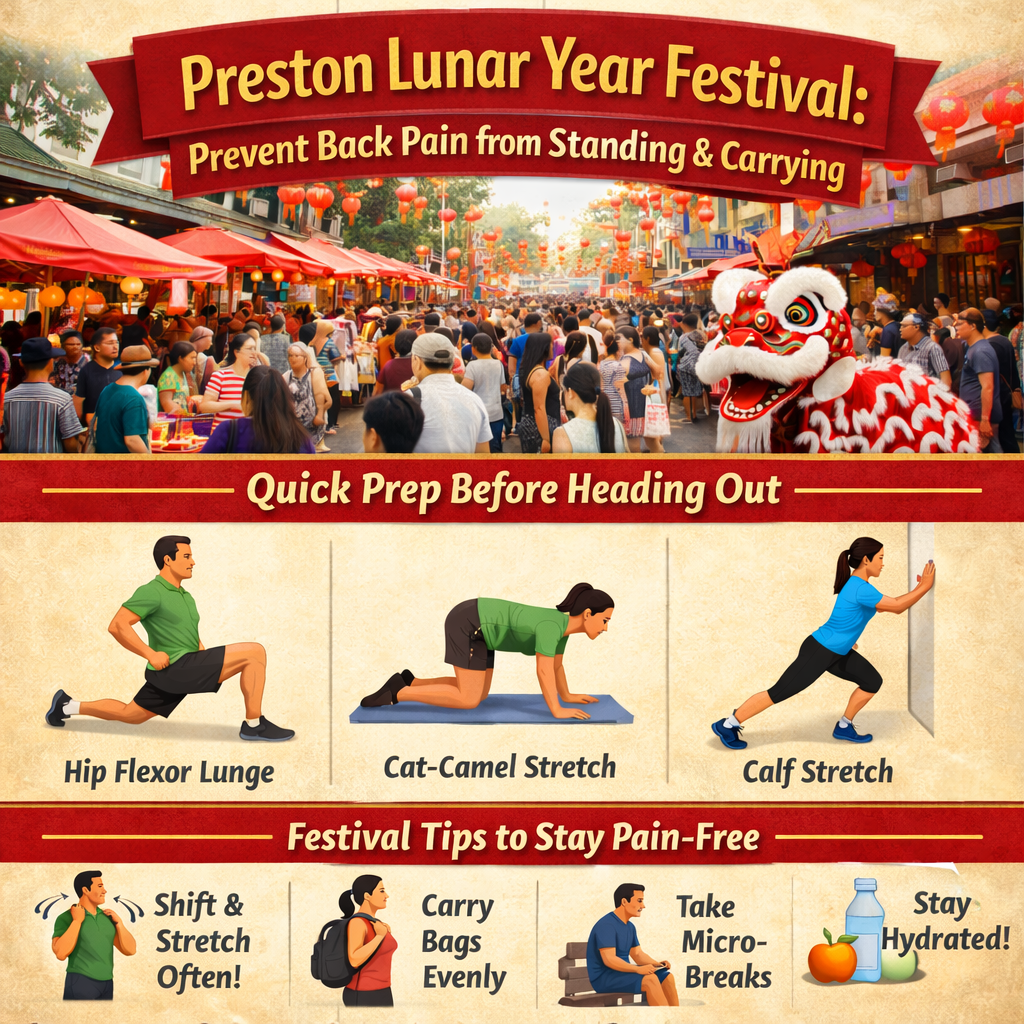 Preston Lunar New Year Festival at Preston Market with lion dance and physio tips to prevent back pain from standing and carrying.