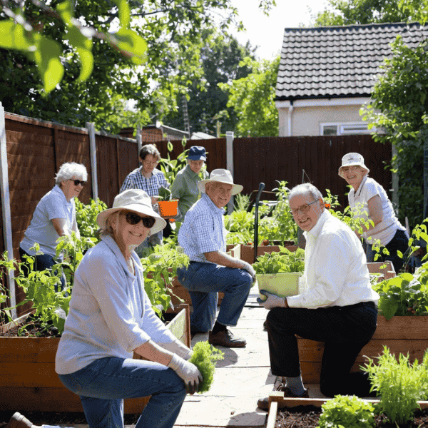 Older gardeners in Preston using raised beds and half-kneel position to protect lower back while planting in sunny backyard veggie patch.