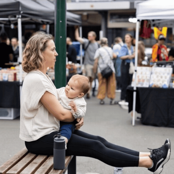 Local Preston mum sits on a bench at the market holding her baby and demonstrates a quick posture reset: shoulders back, chin tucked, to prevent neck and back strain during long festival days.