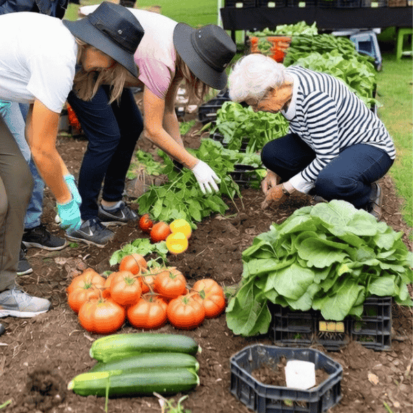 Older Preston residents gardening together with physios from Specific Physiotherapy, planting tomatoes and zucchini in raised beds by the Merri Creek, focusing on back knee and shoulder pain prevention